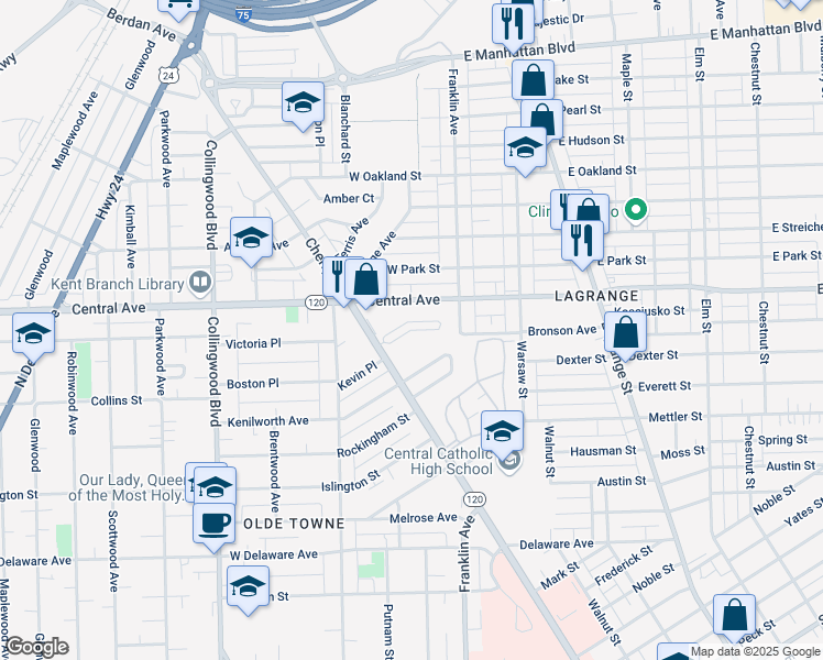 map of restaurants, bars, coffee shops, grocery stores, and more near Bronson Boulevard in Toledo