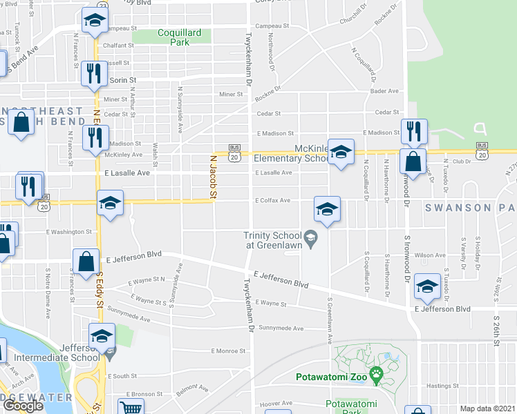 map of restaurants, bars, coffee shops, grocery stores, and more near 1510 East Colfax Avenue in South Bend