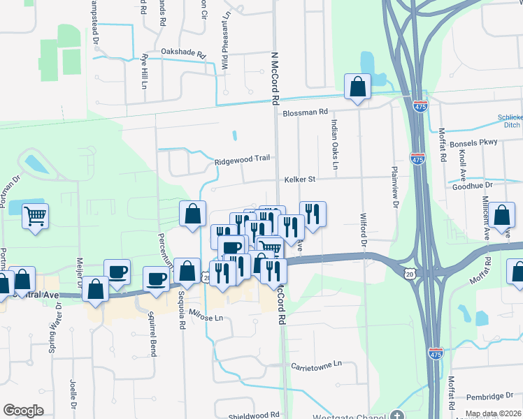 map of restaurants, bars, coffee shops, grocery stores, and more near 3234 Meadowlake Drive in Toledo