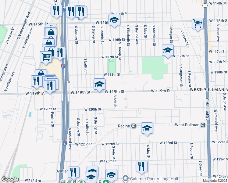 map of restaurants, bars, coffee shops, grocery stores, and more near 1250 West 119th Street in Chicago