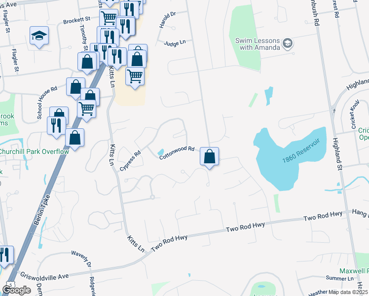 map of restaurants, bars, coffee shops, grocery stores, and more near 182 Cottonwood Road in Newington