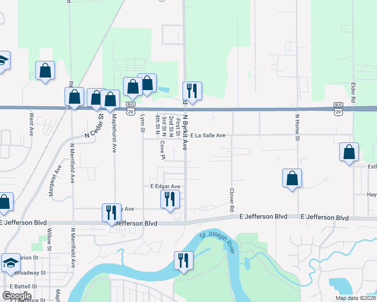 map of restaurants, bars, coffee shops, grocery stores, and more near 1830-2048 North Byrkit Avenue in Mishawaka