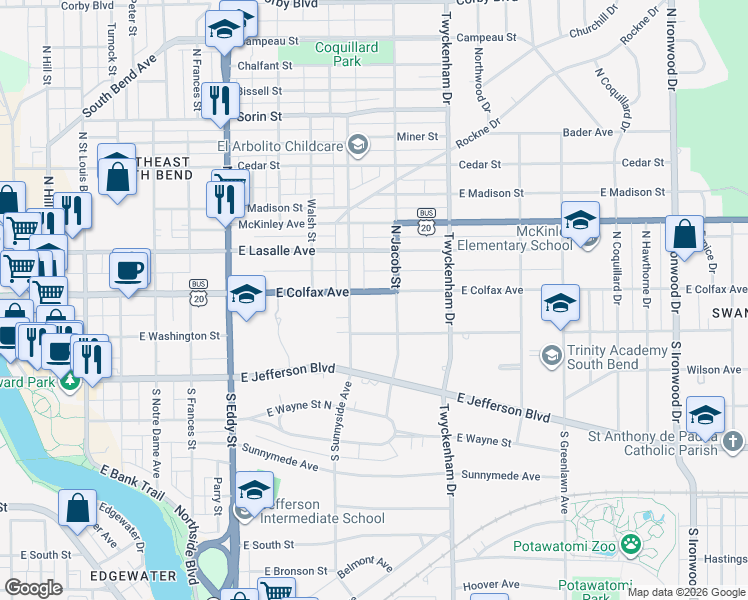 map of restaurants, bars, coffee shops, grocery stores, and more near 1324 East Colfax Avenue in South Bend