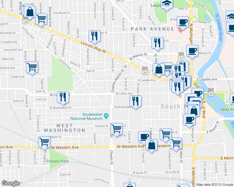 map of restaurants, bars, coffee shops, grocery stores, and more near 835 West Colfax Avenue in South Bend