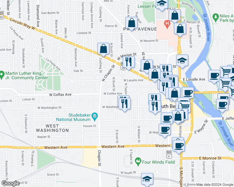 map of restaurants, bars, coffee shops, grocery stores, and more near 649 West Colfax Avenue in South Bend