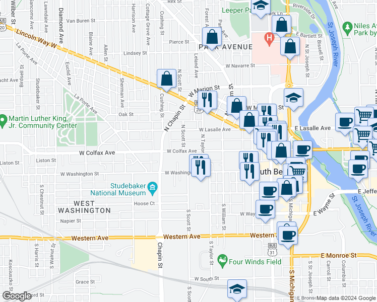 map of restaurants, bars, coffee shops, grocery stores, and more near 629 West Colfax Avenue in South Bend