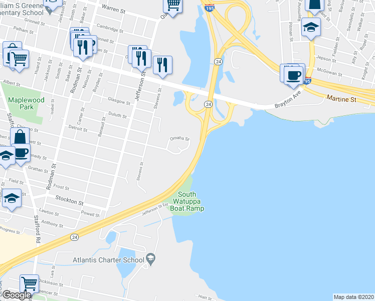 map of restaurants, bars, coffee shops, grocery stores, and more near 589 Detroit Street in Fall River