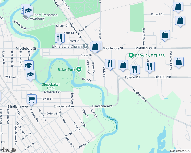 map of restaurants, bars, coffee shops, grocery stores, and more near 1198 Gary Court in Elkhart