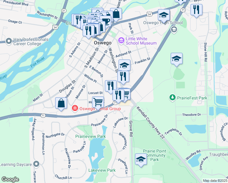map of restaurants, bars, coffee shops, grocery stores, and more near 401 Liberty Court in Oswego