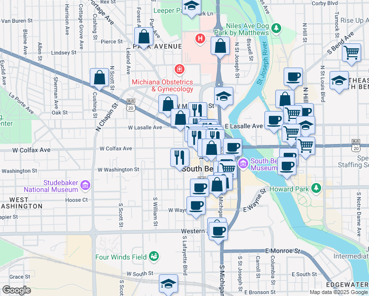 map of restaurants, bars, coffee shops, grocery stores, and more near 226 West Colfax Avenue in South Bend