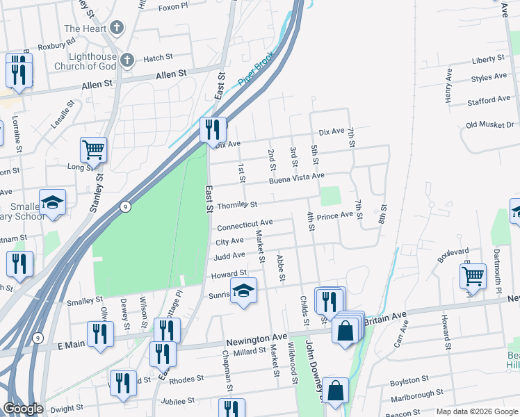 map of restaurants, bars, coffee shops, grocery stores, and more near 77 Thorniley Street in New Britain