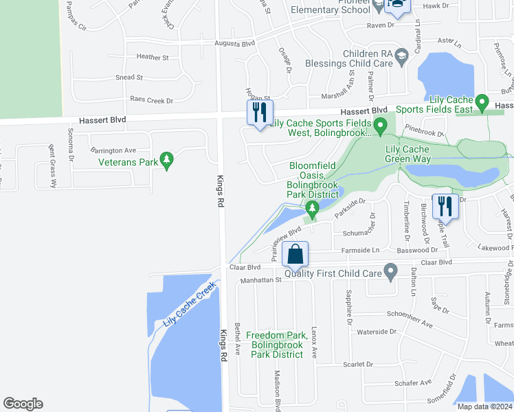map of restaurants, bars, coffee shops, grocery stores, and more near 1617 Trails End Lane in Bolingbrook