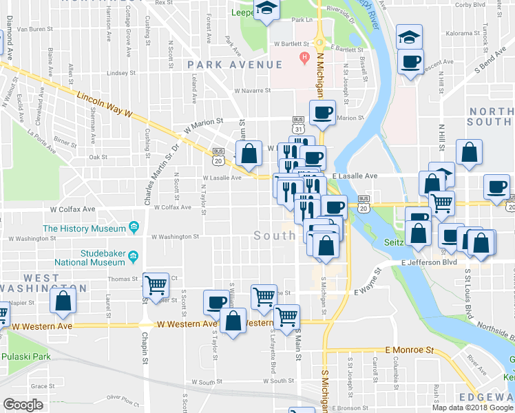 map of restaurants, bars, coffee shops, grocery stores, and more near 199 Saint James Court in South Bend