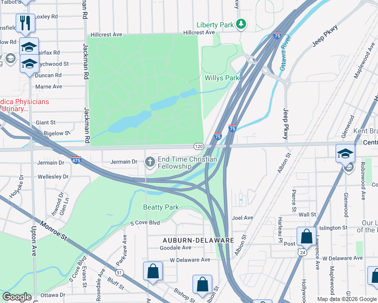 map of restaurants, bars, coffee shops, grocery stores, and more near 1364 North Cove Boulevard in Toledo