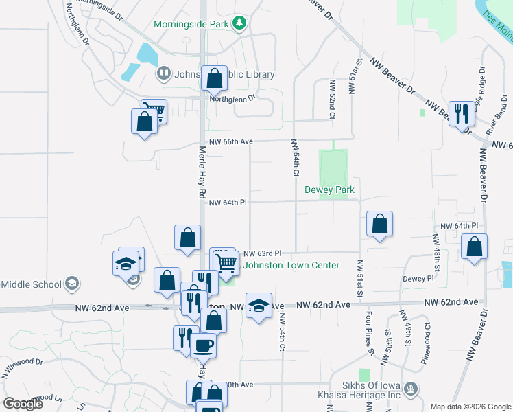 map of restaurants, bars, coffee shops, grocery stores, and more near 6435 Northwest 56th Street in Johnston