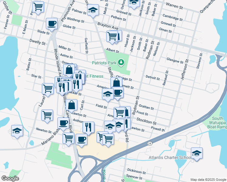 map of restaurants, bars, coffee shops, grocery stores, and more near 835 Stafford Road in Fall River