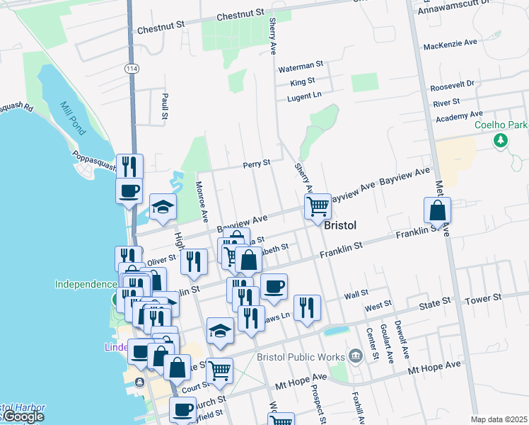 map of restaurants, bars, coffee shops, grocery stores, and more near 93 Bayview Avenue in Bristol