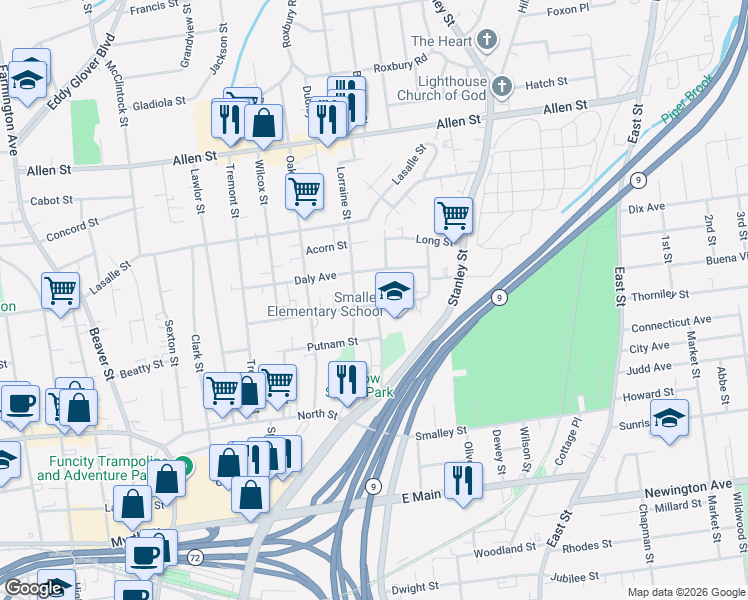 map of restaurants, bars, coffee shops, grocery stores, and more near 152 West Street in New Britain