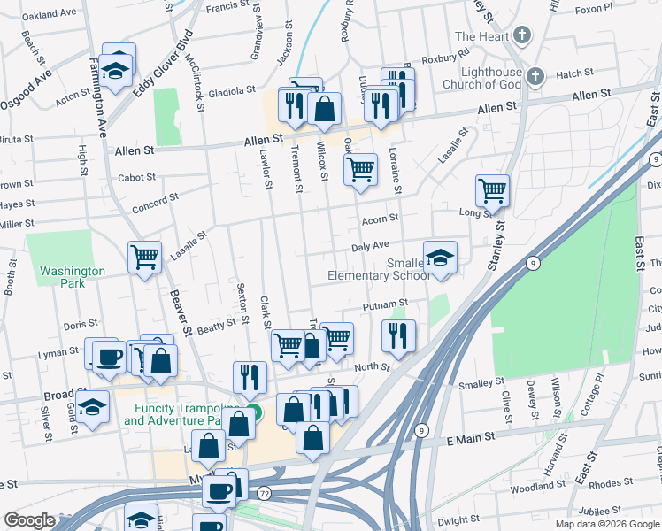 map of restaurants, bars, coffee shops, grocery stores, and more near 22 Wilcox Street in New Britain
