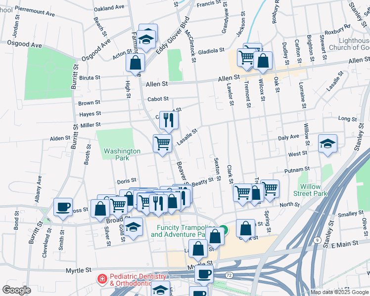 map of restaurants, bars, coffee shops, grocery stores, and more near 231 Beaver Street in New Britain