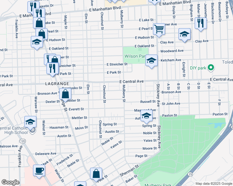 map of restaurants, bars, coffee shops, grocery stores, and more near 554 Bronson Avenue in Toledo