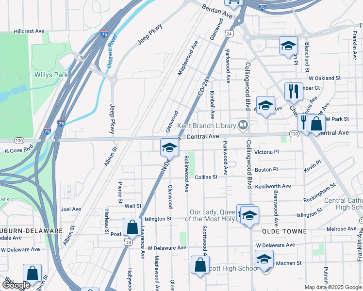 map of restaurants, bars, coffee shops, grocery stores, and more near 3002 North Detroit Avenue in Toledo
