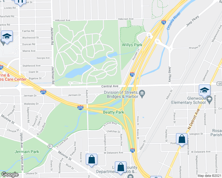 map of restaurants, bars, coffee shops, grocery stores, and more near 1356 North Cove Boulevard in Toledo