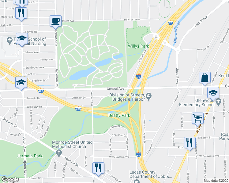 map of restaurants, bars, coffee shops, grocery stores, and more near 1401 North Cove Boulevard in Toledo
