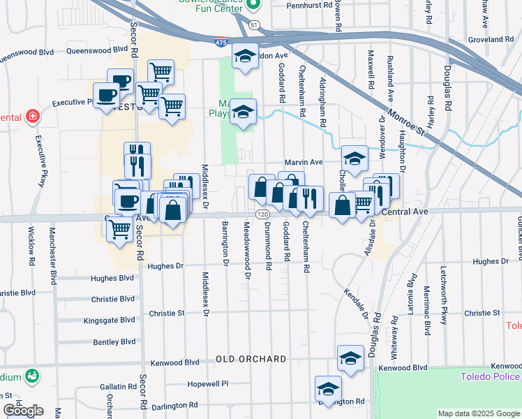 map of restaurants, bars, coffee shops, grocery stores, and more near 2916 Central Avenue in Toledo