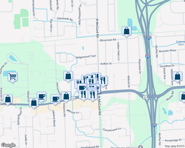 map of restaurants, bars, coffee shops, grocery stores, and more near 3234 Meadowlake Drive in Toledo