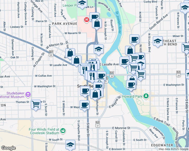 map of restaurants, bars, coffee shops, grocery stores, and more near 207 North Main Street in South Bend