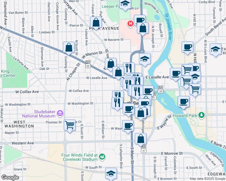 map of restaurants, bars, coffee shops, grocery stores, and more near 101-199 Saint James Court in South Bend