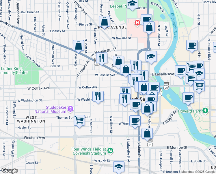map of restaurants, bars, coffee shops, grocery stores, and more near 150-198 North William Street in South Bend