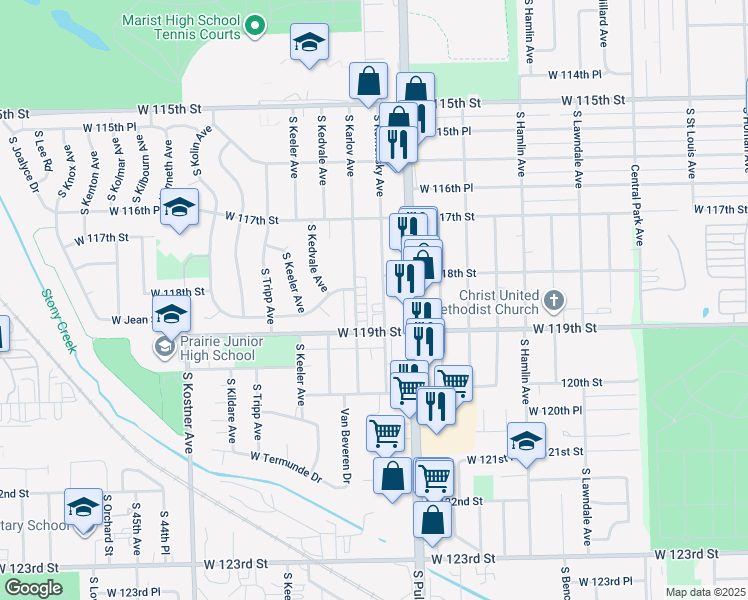 map of restaurants, bars, coffee shops, grocery stores, and more near 11830 South Komensky Avenue in Alsip