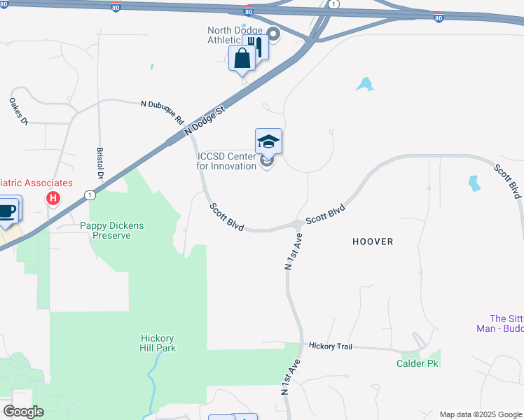 map of restaurants, bars, coffee shops, grocery stores, and more near 2201 North Dubuque Road in Iowa City