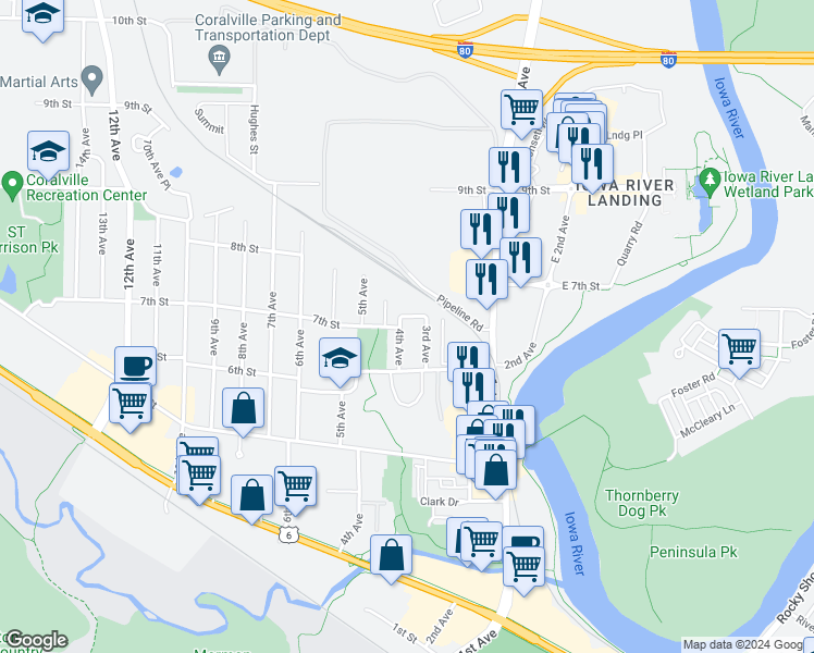 map of restaurants, bars, coffee shops, grocery stores, and more near 614 3rd Avenue in Coralville