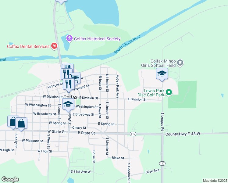 map of restaurants, bars, coffee shops, grocery stores, and more near 100 North Oak Park Avenue in Colfax