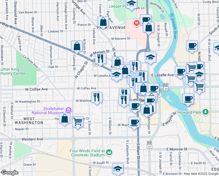 map of restaurants, bars, coffee shops, grocery stores, and more near 501 West Colfax Avenue in South Bend