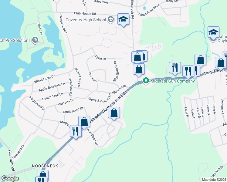 map of restaurants, bars, coffee shops, grocery stores, and more near 13 Wisteria Drive in Coventry