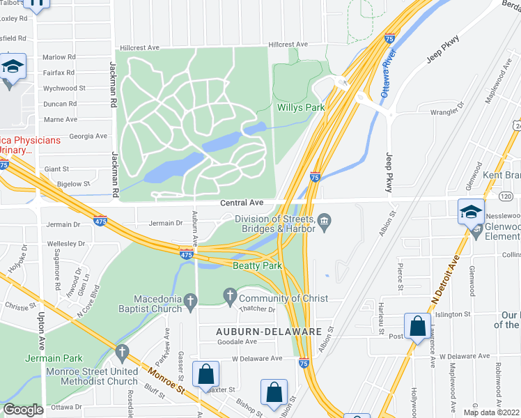 map of restaurants, bars, coffee shops, grocery stores, and more near 1356 North Cove Boulevard in Toledo
