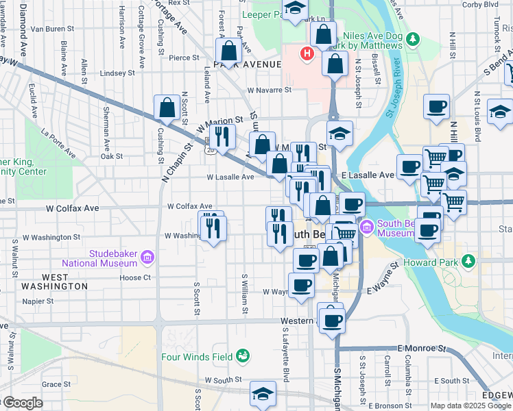 map of restaurants, bars, coffee shops, grocery stores, and more near 413 West Colfax Avenue in South Bend
