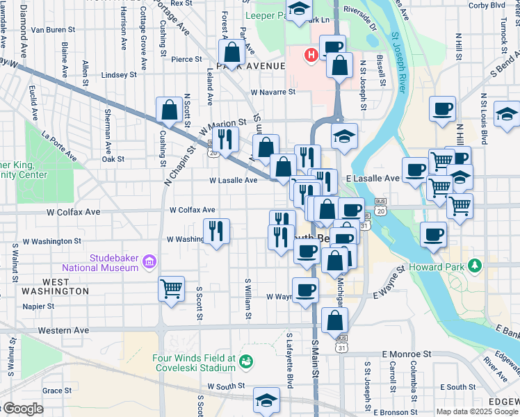 map of restaurants, bars, coffee shops, grocery stores, and more near 413 West Colfax Avenue in South Bend