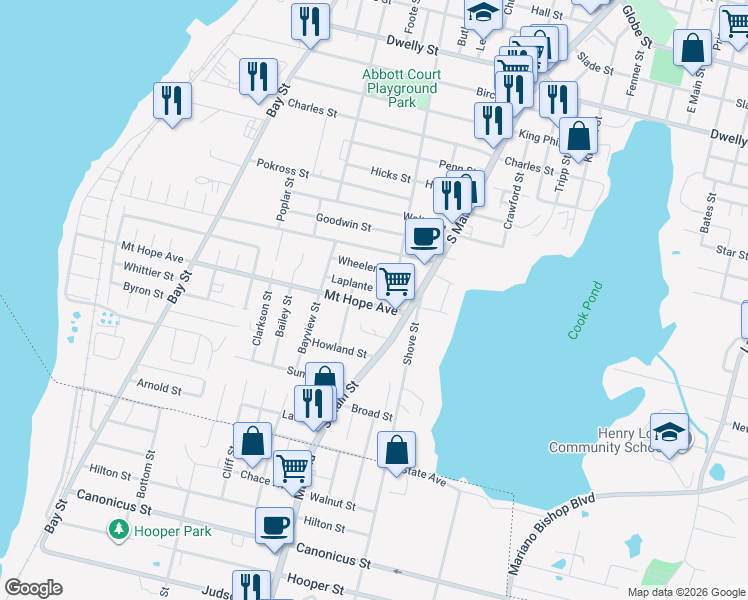 map of restaurants, bars, coffee shops, grocery stores, and more near 605 Mount Hope Avenue in Fall River