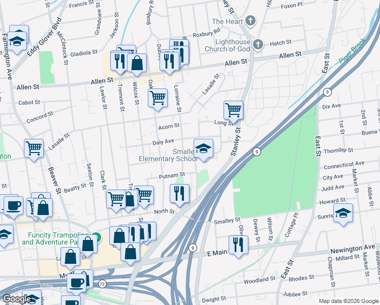 map of restaurants, bars, coffee shops, grocery stores, and more near 152 West Street in New Britain