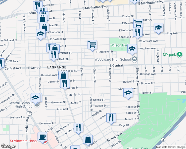 map of restaurants, bars, coffee shops, grocery stores, and more near 2914 Chestnut Street in Toledo