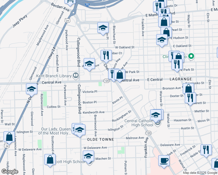 map of restaurants, bars, coffee shops, grocery stores, and more near 318 Victoria Place in Toledo