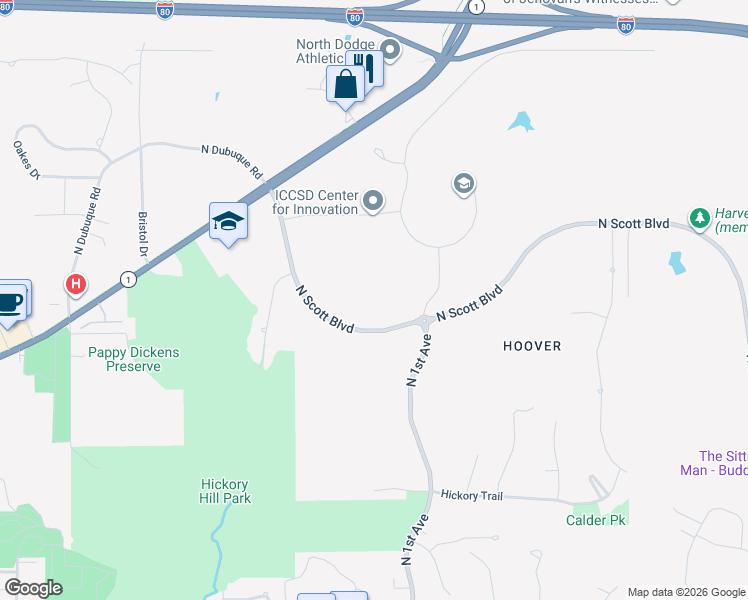 map of restaurants, bars, coffee shops, grocery stores, and more near 2201 North Dubuque Road in Iowa City