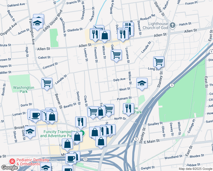 map of restaurants, bars, coffee shops, grocery stores, and more near 22 Wilcox Street in New Britain