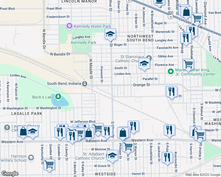 map of restaurants, bars, coffee shops, grocery stores, and more near 117 North Carlisle Street in South Bend