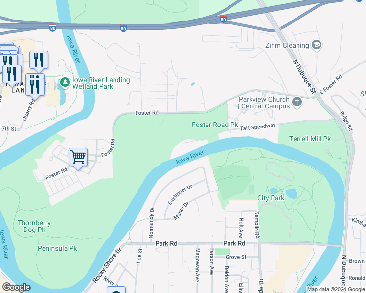 map of restaurants, bars, coffee shops, grocery stores, and more near 600 Taft Speedway Street in Iowa City